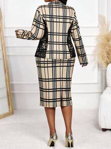 SHEIN Lady 女款格紋兩件式套裝，優雅商務休閒對比蕾絲夾克中長裙套裝，大尺碼米色夏季西裝外套，適合晚宴與辦公室 - 彩色 - 查看 2