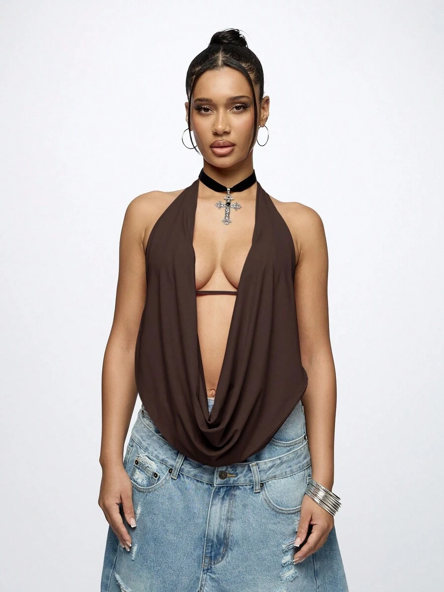 SUMWON WOMEN Áo hở lưng cổ yếm xếp ly thiết kế phía trước hở lưng mùa hè, trang phục dự tiệc tối câu lạc bộ, trang phục tuyên bố thời trang có chi tiết buộc lưng - Màu nâu Sô-cô-la - Xem 1