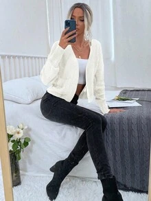 SHEIN LUNE Solid Open Front Dual Pocket Drop Shoulder Cardigan,Long Sleeve Tops Fall Winter Cloth For Women - Beige - View 6