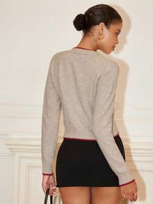 Chiquease 秋季女装女士休闲圆领撞色心形单排扣开衫女开衫心形纽扣开衫纽扣开衫针织毛衣 - 彩色 - 查看 2