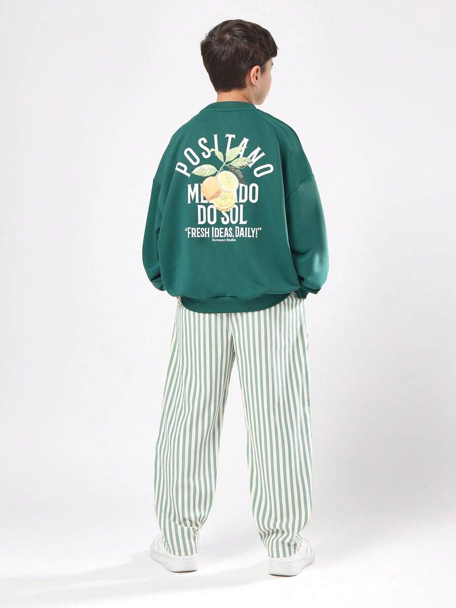 SUMWON Conjunto de sudadera de dos piezas con pantalones a rayas, uso casual de otoño e invierno, conjunto de ropa a juego con estampado de cítricos lindo, ropa cómoda y acogedora - Verde - Ver 1