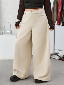 SHEIN EZwear 秋冬大码厚灯芯绒纯色前扣休闲阔腿裤 - 杏色 - 查看 4