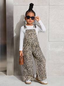 SHEIN Young Girls' Y2K Fashionable Leopard Print Denim Overalls,Fall Kid's  Casual And Comfortable  Wear,2000s Style,Back To School Clothes,Winter Clothes, Toddler Girl Leopard Overalls - Khaki - View 3