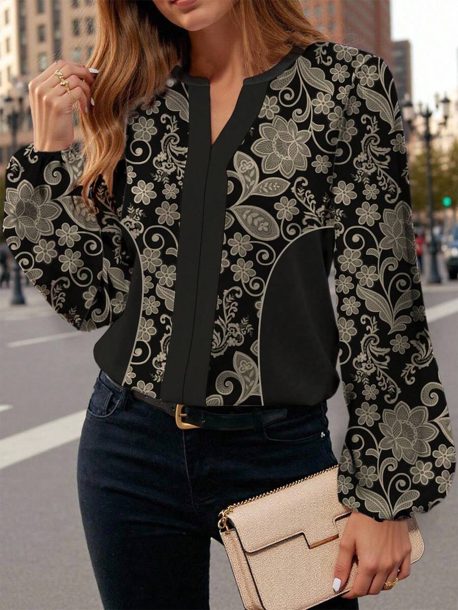 Glamance Ayrana Barboza Ditsy Floral Office Lady Commuter Casual Blouse, Suitable For Spring And Autumn Women Blouses Elegant Blouse Lantern Sleeve Blouse Black And White Blouse - Multicolor - View 1