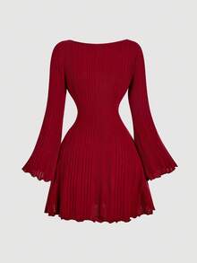 SHEIN MOD 女士象牙色喇叭袖迷你连衣裙、节日连衣裙、红色女士连衣裙、连衣裙、新年连衣裙、冬季连衣裙、外出、新年连衣裙 - 紅色 - 查看 2