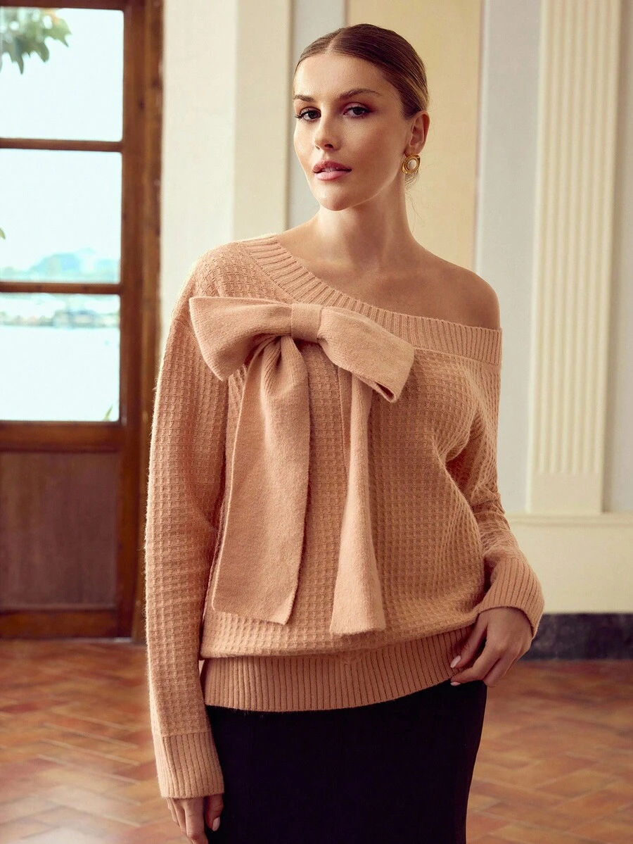 ZEYLAH Elegant Solid Color Asymmetric Collar Bow Decor Sweater, Fall /Winter Clothes - Coral Orange - View 1
