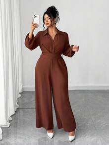 Elenzga Mono informal de talla grande con cintura ajustada y unicolor - Marrón - Ver 8