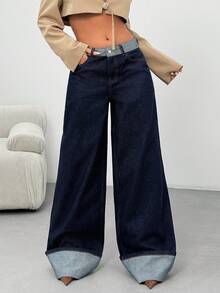 EURMUSE 女士低腰卷边阔腿牛仔裤 - 深色水洗藍 - 查看 5