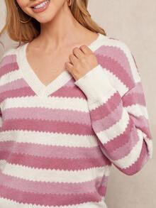 Amorya Women's Contrast Color Drop Shoulder Scalloped Hem Sweater, Long Sleeve Top In Fall/Winter - Multicolor - View 7