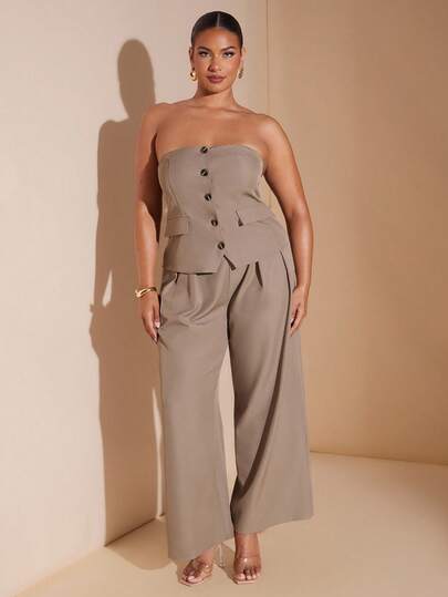 SHEIN BAE 1套纯色单排扣宽松直筒阔腿裤套装