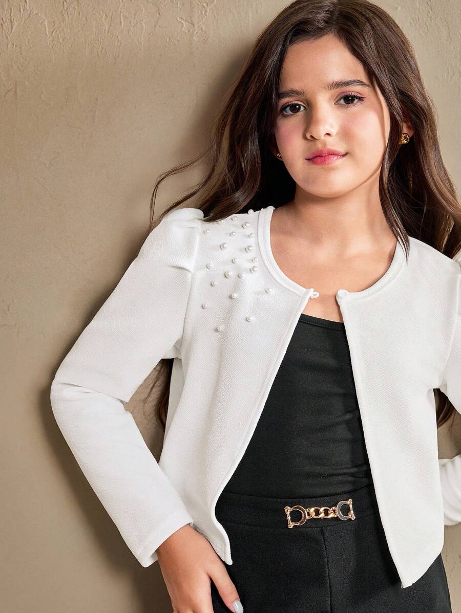 SHEIN Chaqueta de punto texturizada con mangas abullonadas y decoración de perlas 3D en los hombros, elegante cárdigan corto para niña preadolescente - Blanco - Ver 1