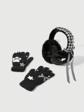 Anime 2pcs Y2K Punk Style Vintage Plaid Multi-Star Decor Cute Bow Women Gloves Set, Earmuffs & Gloves Warm Set, Suitable For School, Shopping, Commuting, A Good Gift Choice