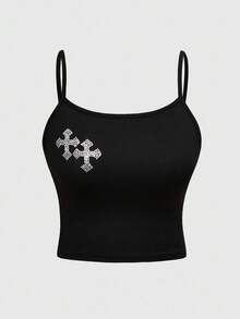 ROMWE Goth 2件套百搭针织弹力十字水钻装饰吊带背心和短裤套装，适合女士 - 黑色 - 查看 6