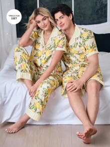 CoupledUp Set pijama bărbătesc cu imprimeu de fructe, mânecă scurtă, top și pantaloni scurți, cu nasturi