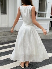 DAZY 波西米亚风休闲女士两件套，无袖修身上衣和 A 字裙 - 杏色 - 查看 3