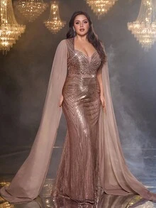 Glamrae 加大码优雅浪漫杏色深 V 心形领口奢华串珠亮片缀饰长袖鱼尾下摆正式晚礼服 - 杏色 - 查看 7