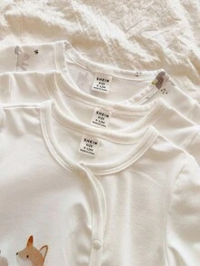 Vintaside Kids 3pcs Baby Boy Cartoon Animal Print Crew Neck Long Sleeve Snap-Up Jumpsuit, Suitable For Infants, Casual Home, Vacation, Family Gathering, Party Fall Winter - White - View 4