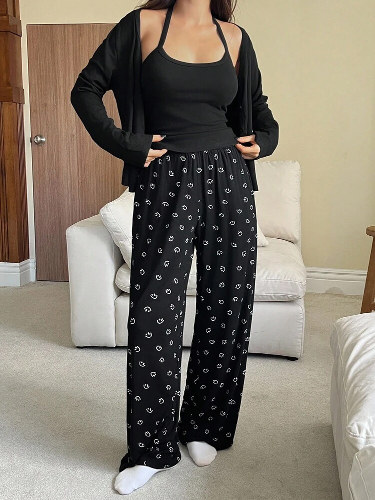 DAZY 3pcs Solid Color Button Placket Top, Spaghetti Strap Top & Loose Allover Print Pants Women Sleepwear Pajama Set, Fall Winter Clothes - Black - View 6
