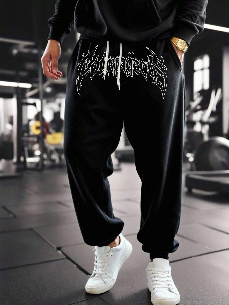 Manfinity Sport Corelite Men's Letter Print Drawstring Waist Pockets Jogger Pants Sweat Pants - Black - View 1