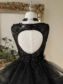 Lovelzi 优雅黑色奢华 3D 花卉串珠刺绣网眼腰部透明下摆 A 字形公主礼服，可调节系带，正式场合礼服，万圣节 - 黑色 - 查看 8
