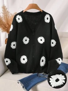 CosyJoli 秋冬女士大码优雅法式雏菊印花休闲高端针织开衫上衣 - 黑色 - 查看 1