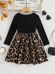 Young Girl Knitted Round Neck Fitted Patchwork Ditsy Floral Woven Dress Fall Winter - Black - View 2