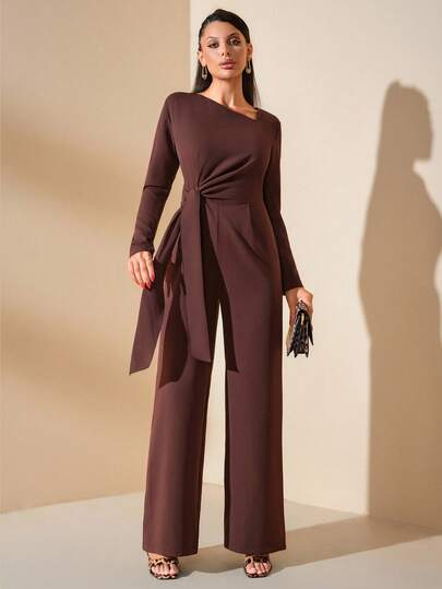EURMUSE Women, Autumn, Jumpsuit, Tie Front, Zipper, Long Length, Brown Jumpsuit Women Long Sleeve Jumpsuits For Women Elegant Jumpsuits Tie Waist Jumpsuit Wide Leg Jumpsuit Womens Jumpsuit Long Sleeve Jumpsuits For Woman One Shoulder Jumpsuit Brown Two Piece Set Women