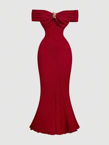 SHEIN MOD Off-Shoulder Metal Button Decor Criss-Cross Waist Jacquard Knit Burgundy Dress - Burgundy - View 1