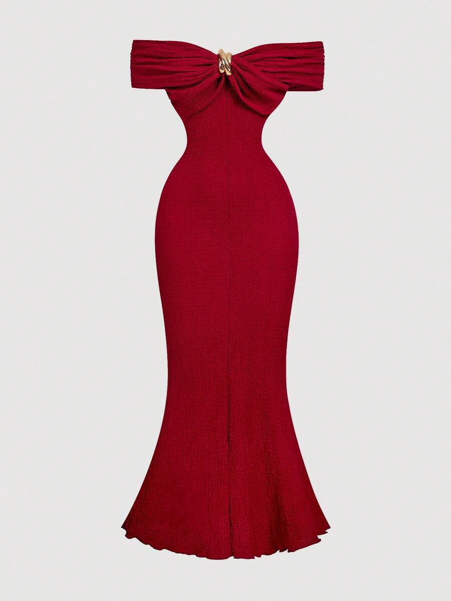 SHEIN MOD Off-Shoulder Metal Button Decor Criss-Cross Waist Jacquard Knit Burgundy Dress - Burgundy - View 1