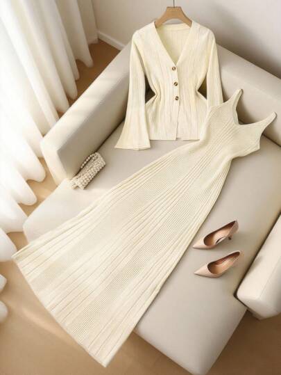 Franclia 2pcs/Set Sexy Slim Fit Camisole & Cardigan Outfit For Women, Versatile Layering Piece For Autumn