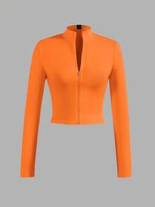 Slaydiva Casual Basic Zip Collar V-Neck Long Sleeve Tight Fit Stretchy Jacket Top For Women, Autumn/Winter,Fall - Orange - View 1