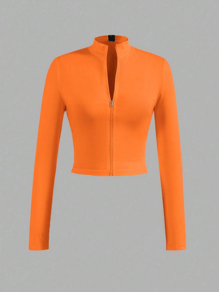 Slaydiva Casual Basic Zip Collar V-Neck Long Sleeve Tight Fit Stretchy Jacket Top For Women, Autumn/Winter,Fall - Orange - View 1
