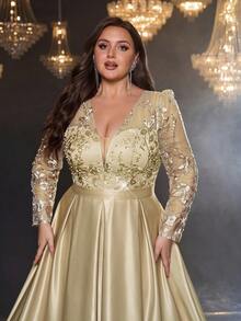 Glamrae Plus Size Elegant Champagne Deep V-Neck Long Sleeve Luxury Beaded Satin Asymmetric Maxi Dress,Winter Formal Party Wedding Gala Evening Dress - Apricot - View 8
