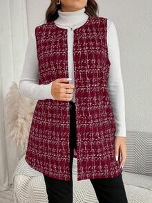 SHEIN LUNE 时尚无袖格子大码女士休闲外套秋冬返校节女士外套背心秋装衣服冬装 - 酒紅色 - 查看 8