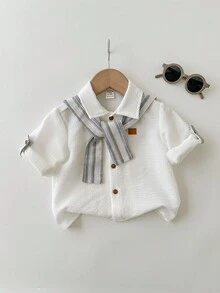 SHEIN 2 pièces Chemise blanche tout-aller pour bébé garçon et bébé fille avec col châle rayé, polyvalente pour le printemps, l'automne, l'hiver, l'été, convient pour l'anniversaire, la soirée, la représentation, le mariage, la baby shower, le baptême, la 1ère célébration d'anniversaire - Multicolore - Voir 4