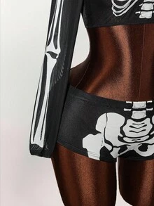 Amplova Halloween Pumpkin Element Glow-In-The-Dark Mini Sheer Cropped 2 Pieces Set For Women Gothic Two Piece Set Skeleton Two Piece Set Women - Multicolor - View 7