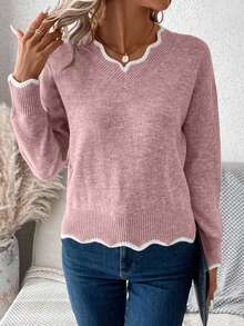 Women's Casual Contrast Color Shell Trim Oversized Sweater, Autumn,Jumper,Cream Jumper,Jumpers,Christmas Jumper,White Jumper,Black Jumper,Ladies Jumper,Women's Jumpers