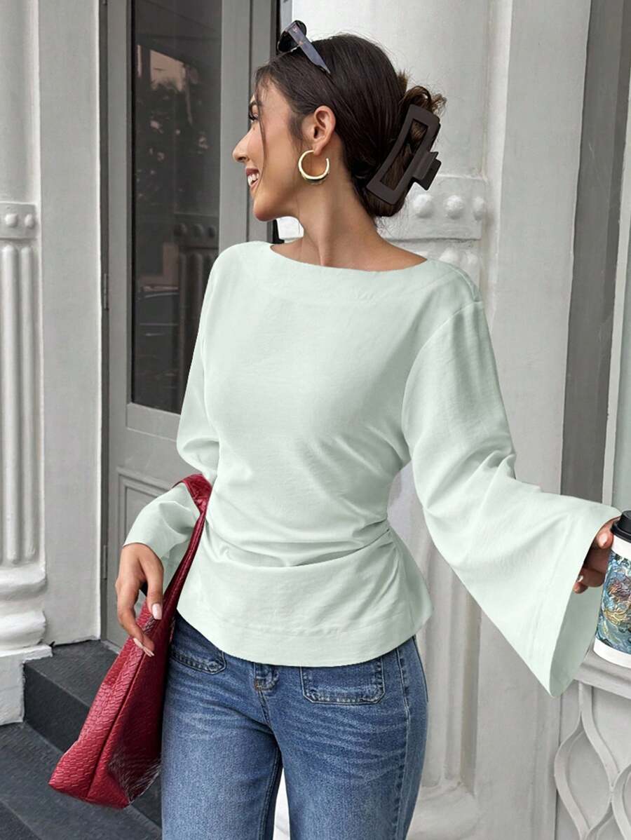 Selianne Kemeja Wanita Kasual Serbaguna Warna Polos Lengan Lonceng Pakaian Musim Gugur untuk Wanita - Mint Green - View 1