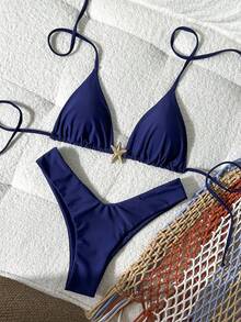 Swim Mod Bộ bikini gợi cảm dây mảnh màu trơn trang trí kim loại cho nữ, mùa hè - Màu xanh lam - Xem 1