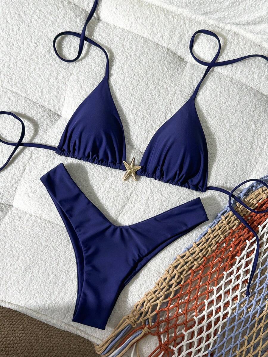 Swim Mod Bộ bikini gợi cảm dây mảnh màu trơn trang trí kim loại cho nữ, mùa hè - Màu xanh lam - Xem 1