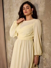 Flirla Große Größen Maxikleid für Damen, lässig-elegant, langärmlig, einfarbig in sanftem Gelb, französischer romantischer Stil, geeignet für Büro, Urlaub, Frühling/Herbst/Winter - Gelb - Übersicht 6