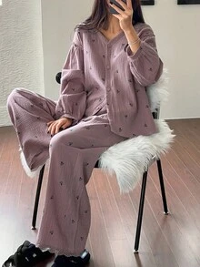 DAZY Ditsy Floral Chiffon Fabric Lace Trim Loose Women Pajama Set, Fall Winter Clothes - Purple - View 4