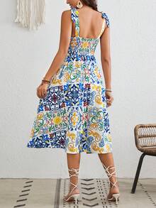 SHEIN VCAY Women's Printed Square Neckline Cami Dress With Drawstring Waist - Multicolor - View 2