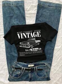Attitoon Vintage Style Casual Women's One-Shoulder Ruched Tight Fitting Short Sleeve T-Shirt With Retro Car & Letter Print, Suitable For Summer - Black - View 7