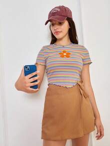 SHEIN Leap Crew Teen Girls Floral Patched Striped Lettuce Trim Tee - Multicolor - View 5