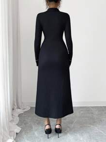 Chiquease Women's Elegant Black And White Asymmetrical Placket Knitted Shirt Collar Long Sleeve Fitted Split Hem Midi Dress For Autumn Office Wedding Guest - Black - View 2