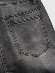 ROMWE MEN Street Life Men's Street Fashion Washed Rhinestone Slant Pocket Jeans, Grunge - Black - View 5