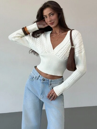 Aloruh Women's Deep V-Neck Cable Knit Patchwork Sweater, Loose Top & Tight Bottom, Beige, Autumn/Winter,Fall