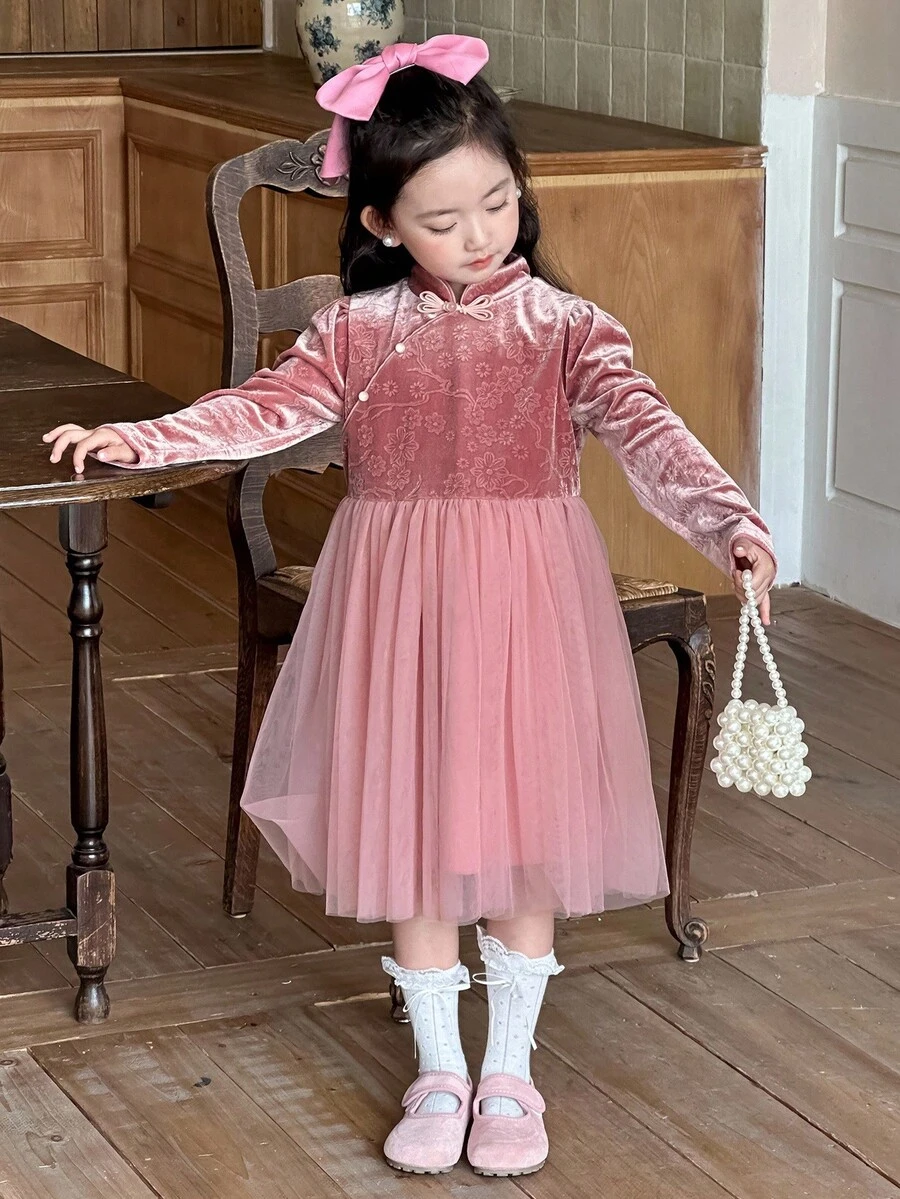 DAZY 女孩少女秋冬新款中式网纱薄纱连衣裙，提花天鹅绒，蝴蝶纽扣，立领设计，适合日常穿着，简约时尚