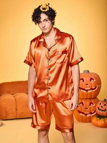 Notgurli Bộ đồ ngủ 2 món bằng vải satin in hình bí ngô Halloween thoải mái thân thiện với làn da vui nhộn dành cho cha mẹ và con cái trong bữa tiệc gia đình - trái cam - Xem 4
